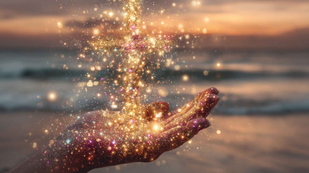 A serene hand releases a cascade of sparkling dust into the evening sky, creating a magical atmosphere by the ocean at sunset. A visual feast of light!の素材