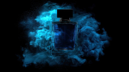 This captivating stock photo features an elegant glass perfume bottle surrounded by swirling blue smoke, creating a dramatic atmosphere perfect for beauty and fragrance themes.の素材