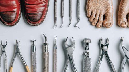 This unique image features dental tools alongside vintage red shoes, creating an interesting arrangement emphasizing elements of care and style in healthcare.の素材