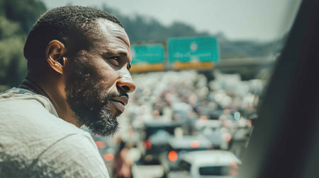 A pensive man gazes thoughtfully out of a car window, observing heavy traffic on a bustling urban highway. The scene captures the essence of city life.の素材