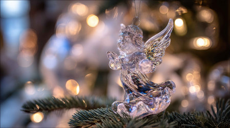 A stunning clear glass angel ornament hangs gracefully from a green evergreen branch, illuminated by soft bokeh lights. Perfect for capturing the holiday spirit and elegance.の素材