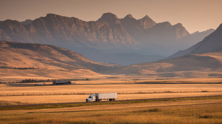 A solitary truck moves through a breathtaking landscape, framed by majestic mountains and golden fields, capturing the essence of rural travel and adventure.の素材