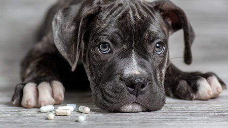 A captivating close-up of a young puppy resting on a wooden surface, surrounded by various supplements. The pup's curious eyes draw attention, reflecting health and vitality.の素材