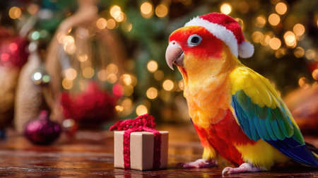A vibrant parrot wearing a Santa hat sits beside a small gift box. With festive decorations and warm bokeh lights in the background, this image captures the joyful spirit of the holiday season.の素材