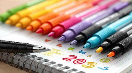A vibrant arrangement of colorful markers and a sleek pen on a spiral notebook, perfect for artistic expression, note-taking, and creative projects.の素材