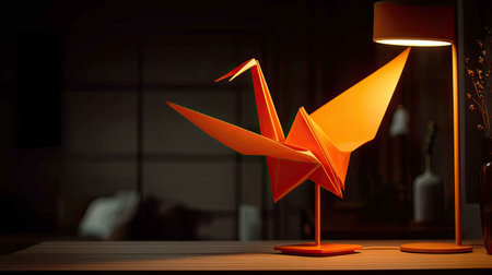 A captivating orange paper crane sculpture stands elegantly beside a lamp, casting soft shadows and creating a warm ambiance in a stylish indoor space.の素材