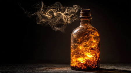 This captivating image features a glass bottle filled with an illuminated liquid, emitting smoke against a dark background, creating an atmospheric and mystical vibe.の素材