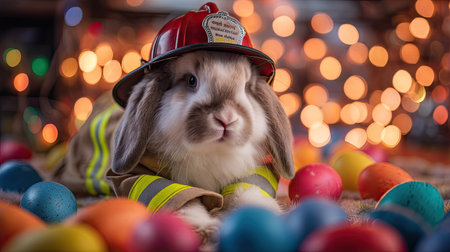 This adorable bunny dressed as a firefighter brings a playful charm surrounded by colorful eggs, capturing the spirit of spring festivities and joy.の素材