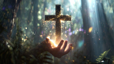 A captivating scene showcasing a cross surrounded by radiant light, held gently in a hand, set within a lush, magical forest. Ideal for themes of faith and spirituality.の素材