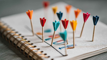 A vibrant arrangement of colorful decorative tools on a notebook creates an artistic and creative atmosphere. This image reflects inspiration and imagination.の素材