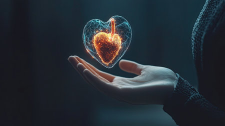 A captivating image of a glowing heart symbol held delicately in a hand, blending technology with emotion to signify love and connection in a modern world.の素材