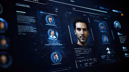 Explore a futuristic digital interface showcasing user profiles and analytics, emphasizing innovative design, technology integration, and modern data presentation.の素材