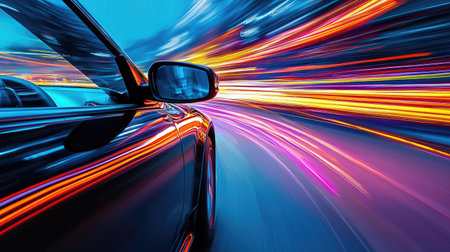 A vivid image showcasing a speeding car with a blur of colorful lights at night. The dynamic motion provides an exciting urban atmosphere, perfect for travel themes.の素材