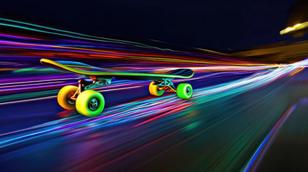 A vibrant skateboard captured in motion, showcasing colorful light trails against a dark backdrop, symbolizing speed and thrill in urban adventures.の素材
