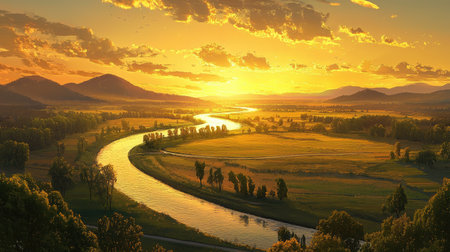 Experience the breathtaking beauty of a golden sunset over a gentle river, showcasing lush greenery and majestic mountains in the distance.の素材