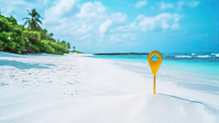 A vibrant yellow location marker stands on pristine sand, surrounded by the tranquil beauty of a tropical beach. Clear blue water and palm trees enhance the serene atmosphere, perfect for travel lovers.の素材