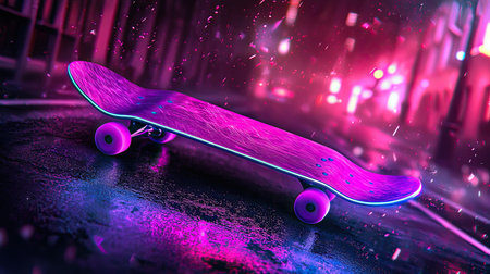 A vibrant neon skateboard rests on a wet street, illuminated by colorful city lights. The scene conveys a sense of energy, creativity, and urban lifestyle at night.の素材