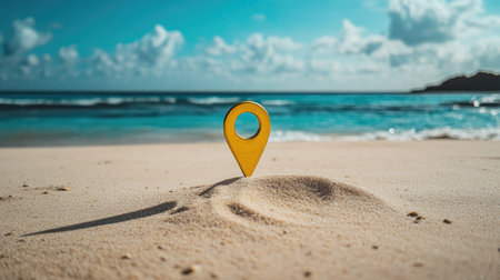 A vibrant yellow location pin rises from soft sand on a secluded beach, with gentle ocean waves and a clear sky creating a serene travel scene.の素材