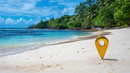 A shiny gold location pin stands on a pristine beach, surrounded by vibrant greenery and clear blue water, epitomizing the essence of a tropical paradise perfect for vacations.の素材
