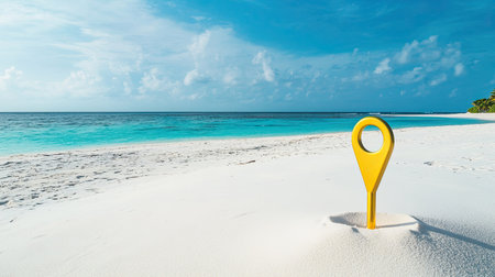 A vibrant yellow location marker stands on a pristine white sand beach, framed by turquoise waters and a clear blue sky, evoking a sense of escape and adventure.の素材
