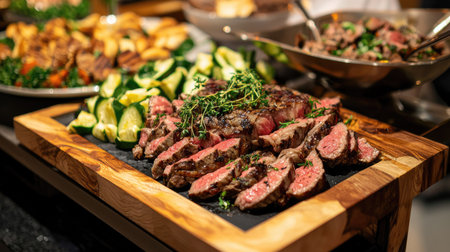 A beautifully arranged grilled steak garnished with fresh herbs, served with lime and vegetables on a wooden platter, perfect for culinary enthusiasts.の素材