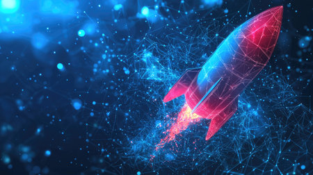A stunning illustration of a futuristic rocket launching through digital space. Vibrant colors and glowing effects create a sense of motion and innovation in a cosmic background.の素材