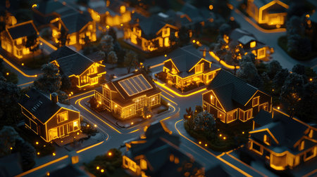 A captivating view of a charming neighborhood at night, showcasing houses with warm glowing lights. This serene scene highlights architectural beauty and tranquility.の素材