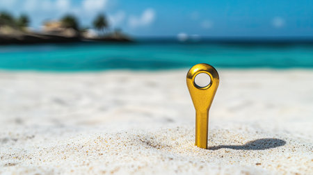 A striking golden key stands upright in the soft sand of a tranquil beach, with a backdrop of sparkling turquoise water and palm trees, evoking a sense of adventure and paradise.の素材