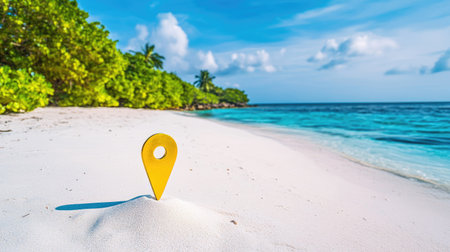 A vibrant yellow location marker rests on soft sand by a serene beach, surrounded by lush greenery and turquoise waters, capturing a perfect tropical getaway.の素材