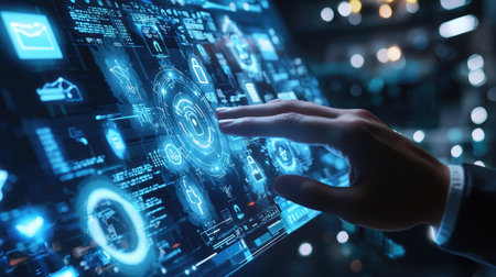 A close-up view of a hand interacting with a futuristic touchscreen interface. This image showcases advanced technology and digital communication concepts.の素材