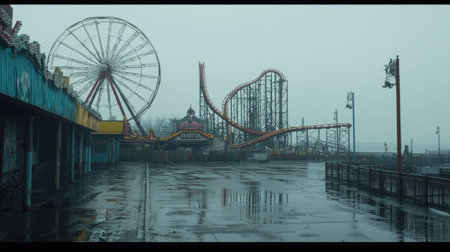 A melancholy scene of an abandoned amusement park on a rainy day, featuring a lonely Ferris wheel and a rusted roller coaster. Ideal for themes of nostalgia and solitude.の素材