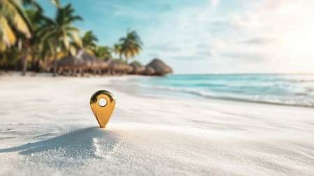 A stunning golden location pin rests on soft sand, surrounded by palm trees and a tranquil ocean view, ideal for travel-themed projects and promotions.の素材