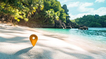 A vibrant location marker sits on soft sand at a tranquil beach, surrounded by lush tropical greenery and clear blue waters, inviting adventure and exploration.の素材