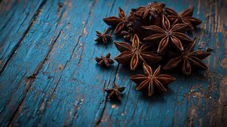 Close-up of star anise spice on a weathered blue wooden surface, showcasing its unique shape and rich texture. Ideal for culinary inspiration or decoration.の素材