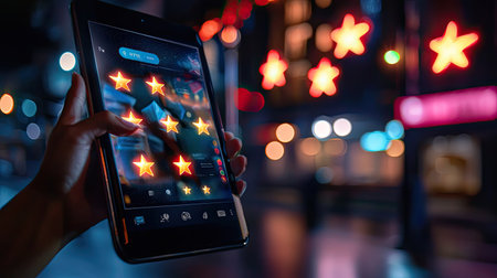 A close-up of a hand holding a tablet showing bright stars on the screen, set against a vibrant urban night background with illuminated lights.の素材