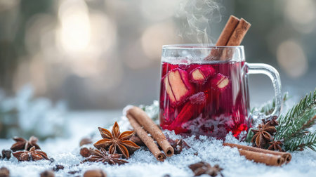 A steaming mug of warm spiced drink sits amidst snow, featuring cinnamon sticks and apple pieces. Captures the essence of winter festivities and cozy moments.の素材