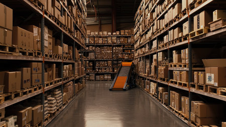 This image showcases a spacious warehouse aisle filled with neatly arranged boxes on shelves and pallets, highlighting effective inventory management and storage solutions.の素材