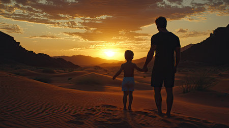 A heartwarming silhouette of a father and child holding hands against a stunning desert sunset. This image captures the beauty of nature and the warmth of their bond.の素材