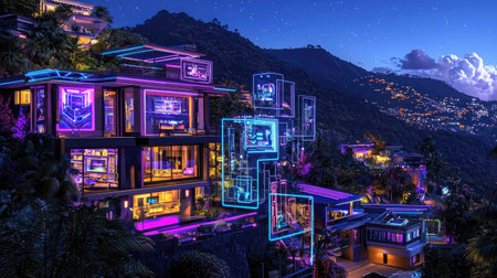 A stunning futuristic mountain house illuminated with colorful neon lights against a starry night sky. This luxurious residence blends modern architecture with natural beauty.の素材
