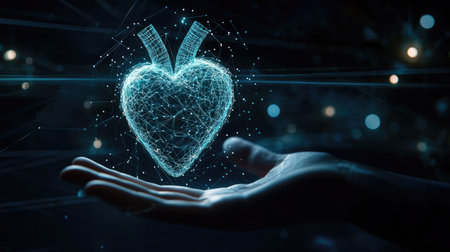 This digital heart concept epitomizes love and connection through technology. A glowing holographic heart emerges from a hand, symbolizing emotion and unity.の素材