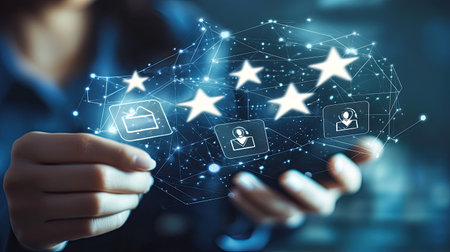 A person engages with digital feedback symbols, showcasing user ratings and interactions. The image represents the significance of technology in customer experience and assessment.の素材