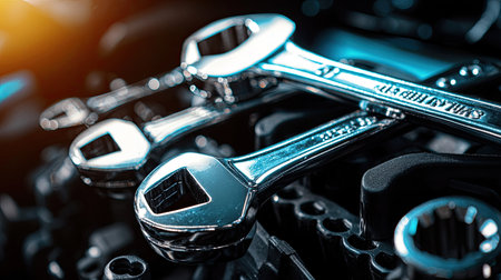 A close-up image of shiny silver wrenches placed on an engine, showcasing tools used in automotive repair and maintenance, highlighting craftsmanship and precision.の素材