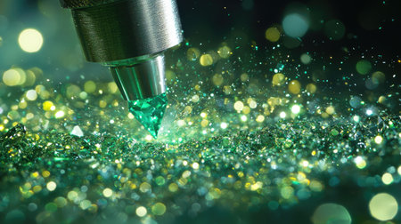 An enchanting close-up of a sparkling green gemstone surrounded by shimmering particles, capturing the essence of beauty and luxury in photography.の素材