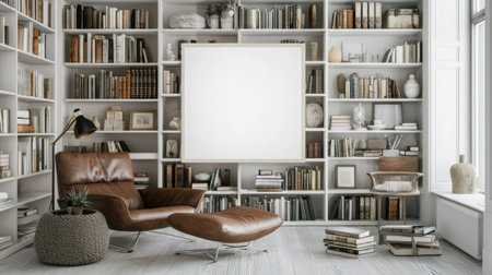 A serene living room showcasing a stylish bookshelf filled with books and decorative items, complemented by a cozy armchair, perfect for relaxation and reading.の素材