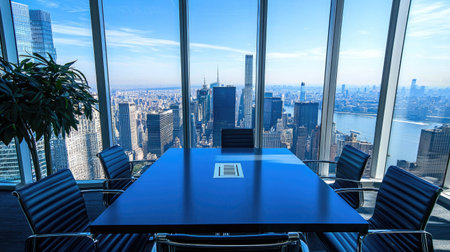 This image shows a modern conference room featuring large glass windows, offering a breathtaking view of the city skyline, ideal for business meetings.の素材
