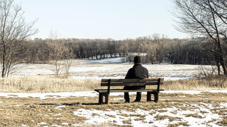 A solitary man sits on a park bench, surrounded by a serene winter landscape. The scene captures tranquility and contemplation in a snowy environment.の素材