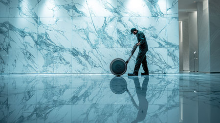 A professional cleaner uses advanced equipment to polish a marble floor, ensuring a shiny and spotless surface in a modern interior space.の素材