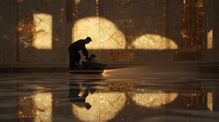 A diligent janitor uses a cleaning machine to maintain a sparkling floor in a luxurious hallway. The reflection enhances the beauty of the marble surface, showcasing professionalism.の素材