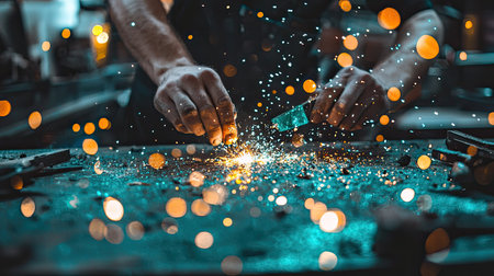 Close-up view of hands expertly crafting metal in a workshop, with sparks flying and light effects creating a dynamic and artistic atmosphere.の素材