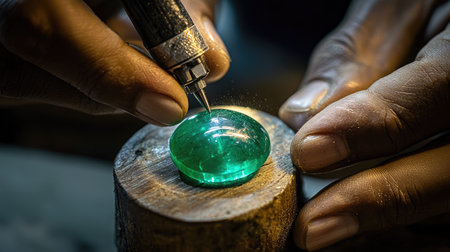 Close-up of skilled hands carving a vibrant emerald gemstone, showcasing intricate detail and precision in a beautifully lit workshop environment.の素材
